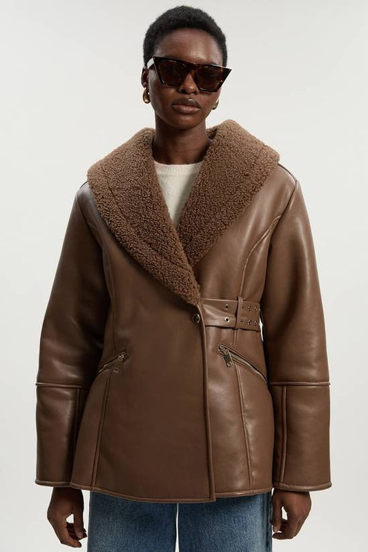 Women's Sheepskin Shearling Brown Leather Jacket