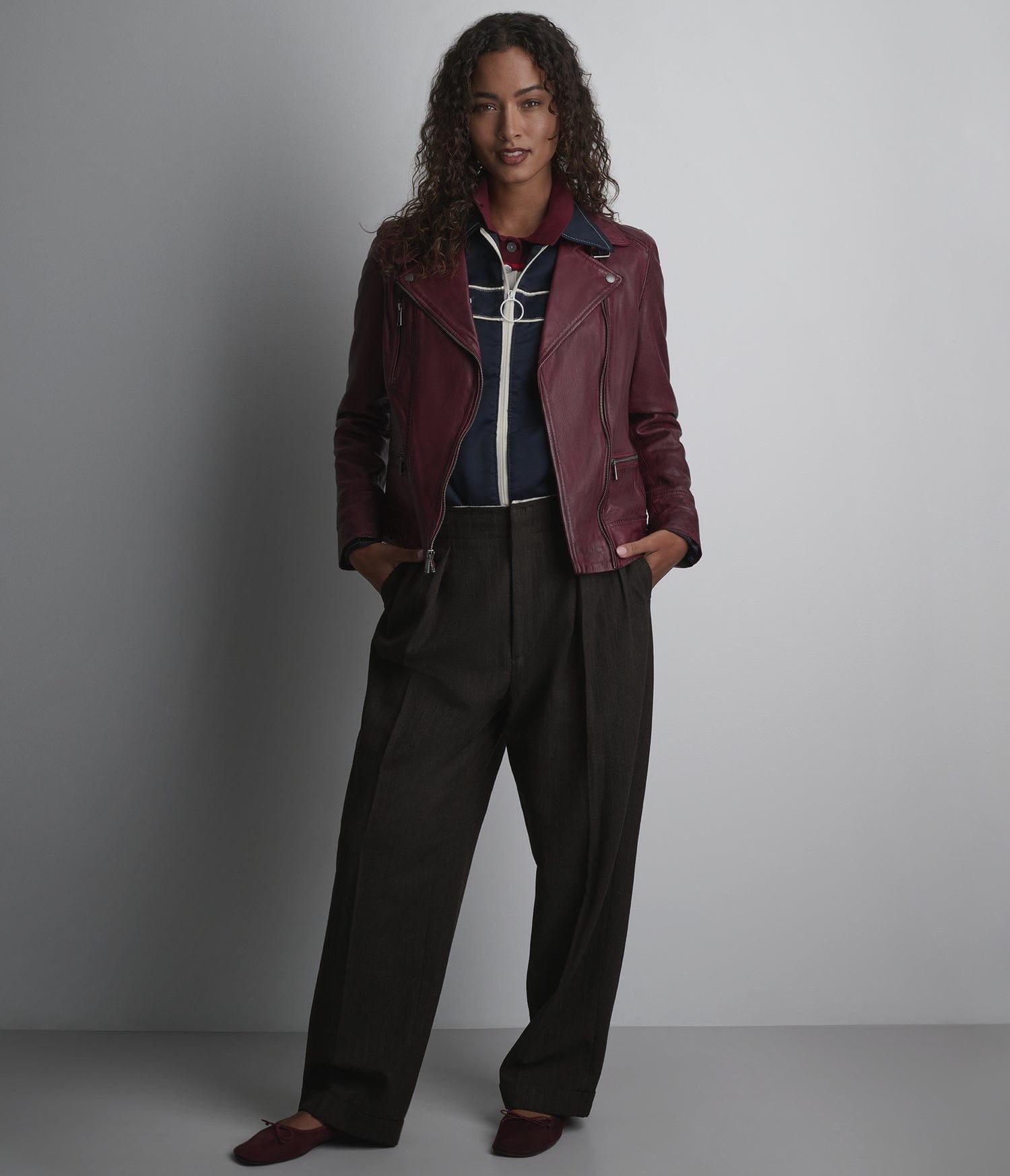 Women's Biker Cafe Racer Leather Jacket In Burgundy - Arcane Fox