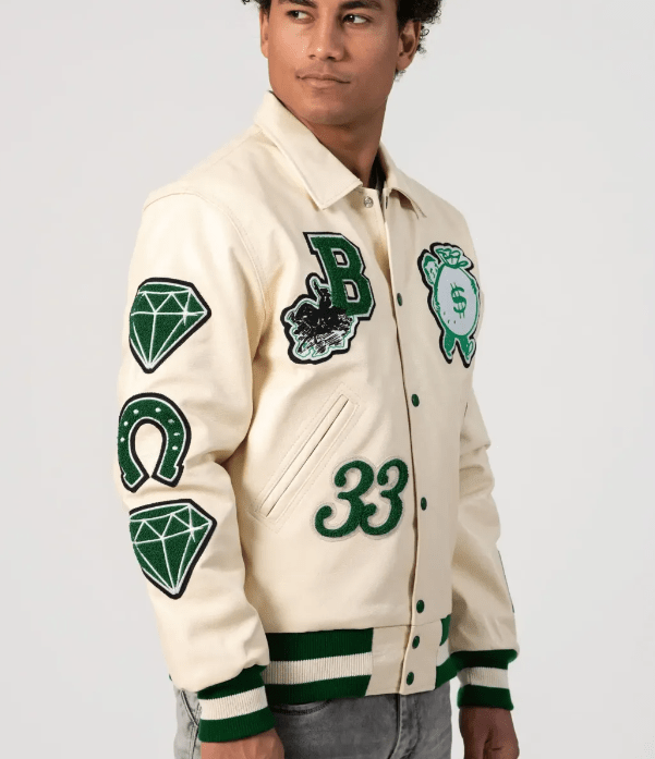 Boston Limited Edition Bomber Varsity Leather Jacket In Off White