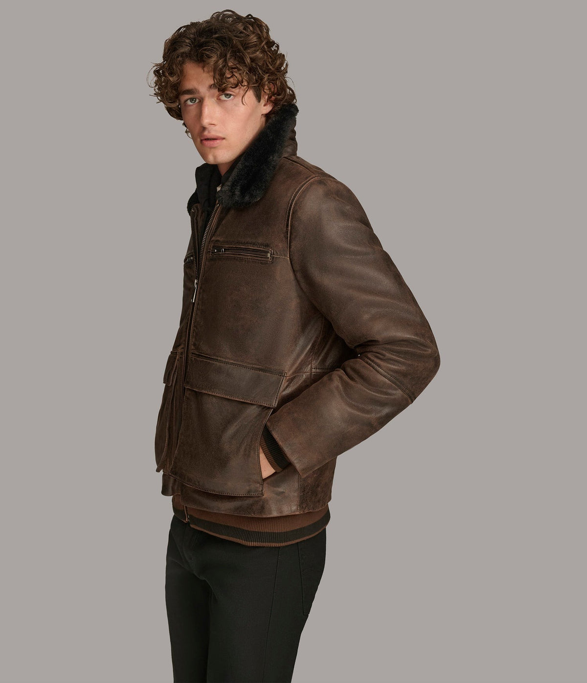 Men' Dark Brown Shearling Harrington Leather Jacket