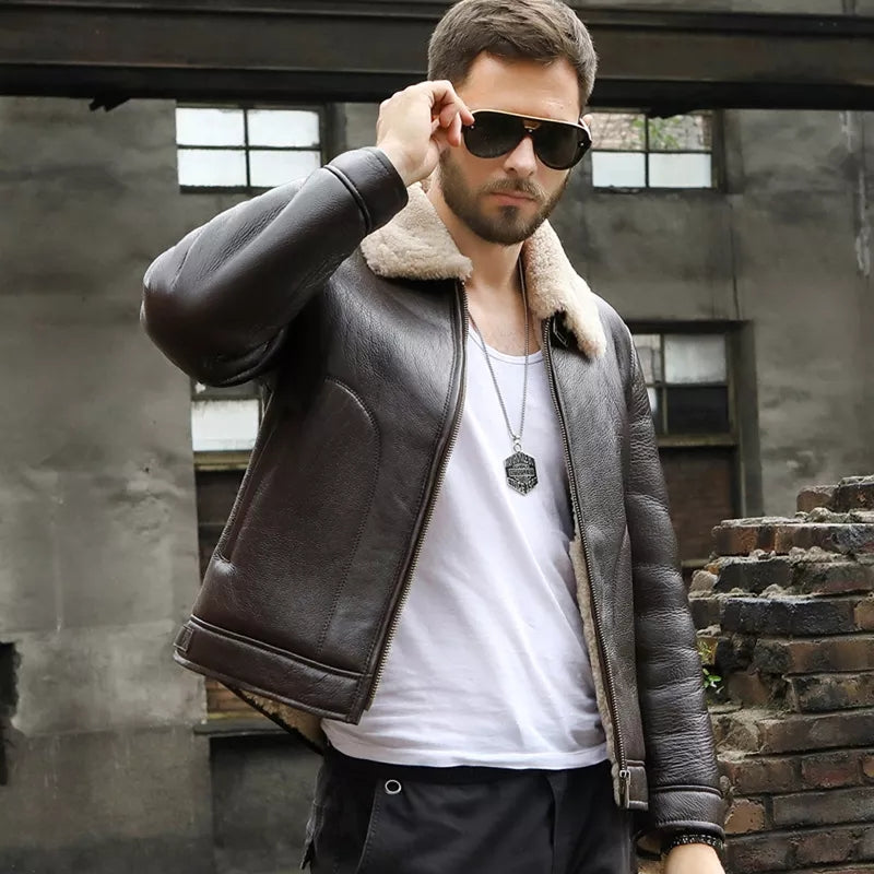 Men's Aviator Sheepskin Coffee Brown Leather Jacket