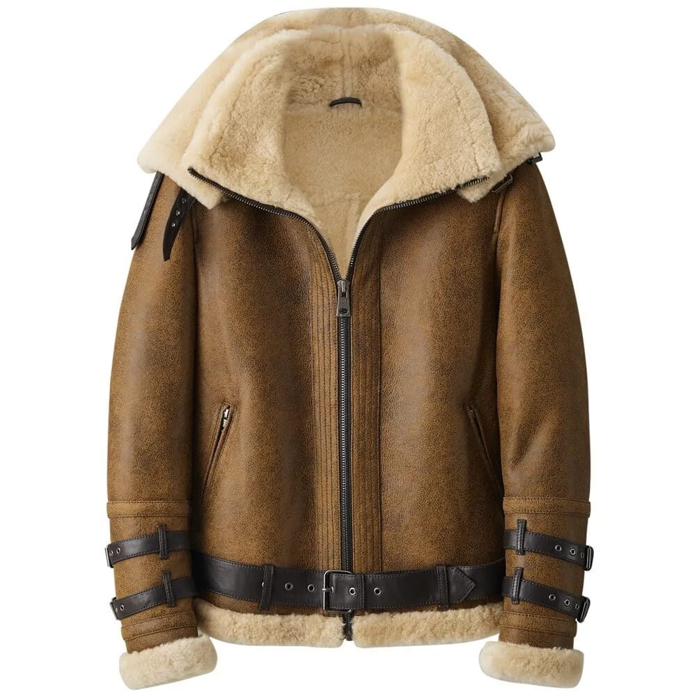Men's B3 Belted Shearling Leather Jacket In Brown With Oversized Collar - Arcane Fox