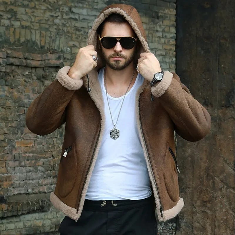 Men's B3 Shearling Hooded Leather Jacket In Dark Brown - Arcane Fox