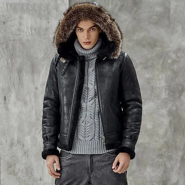 Men's B3 Shearling Parka Leather Jacket In Black - Arcane Fox