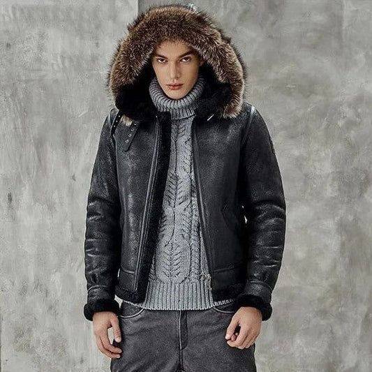 Men's B3 Shearling Parka Leather Jacket In Black - Arcane Fox