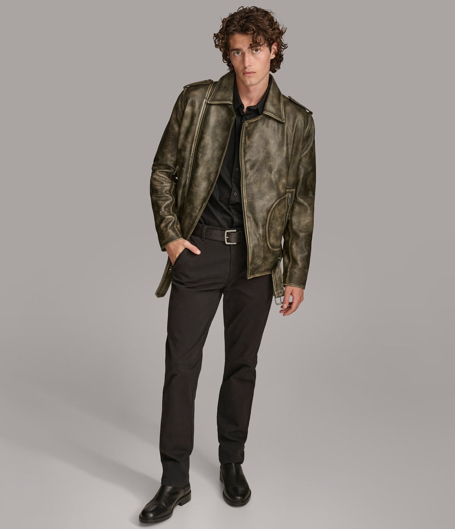 Men's Belted Distressed Biker Leather Jacket