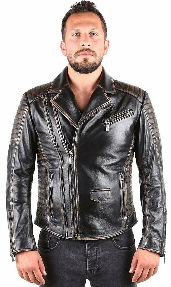 Men's Biker Distressed Leather Jacket In Black