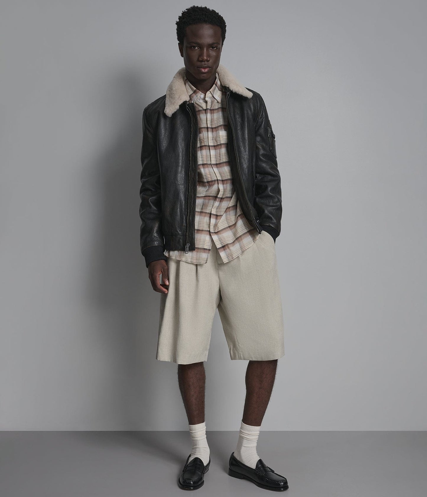 Men's Black Bomber Shearling Leather Jacket - Arcane Fox