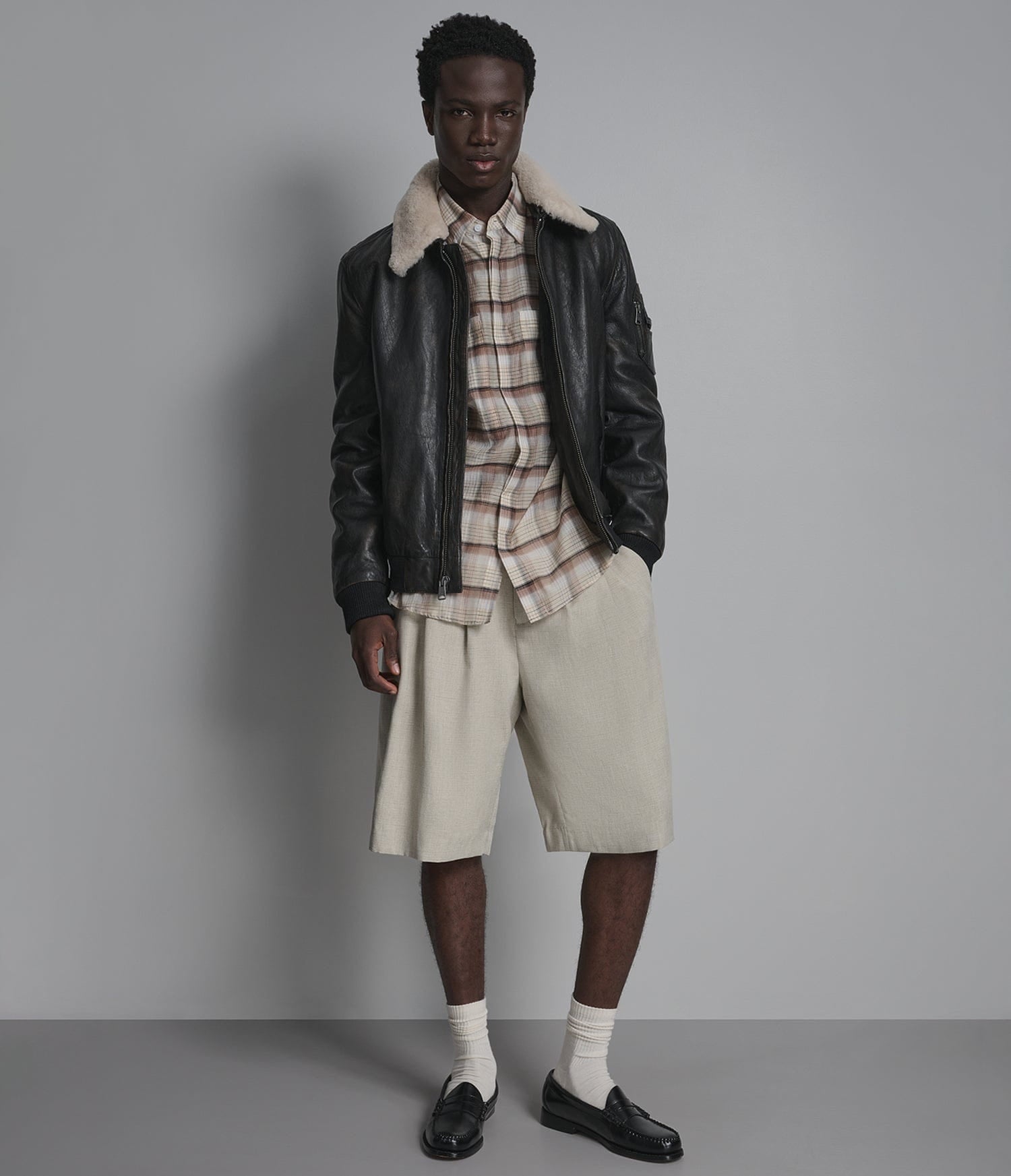 Men's Black Bomber Shearling Leather Jacket - Arcane Fox
