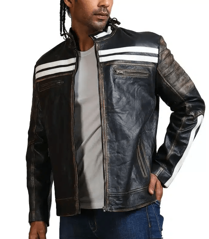 Men's Black Cafe Racer Biker Leather Jacket With White Straps