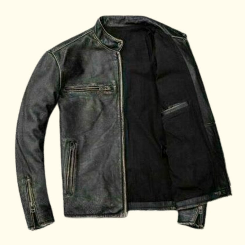 Men's Black Cafe Racer Distressed Leather Jacket