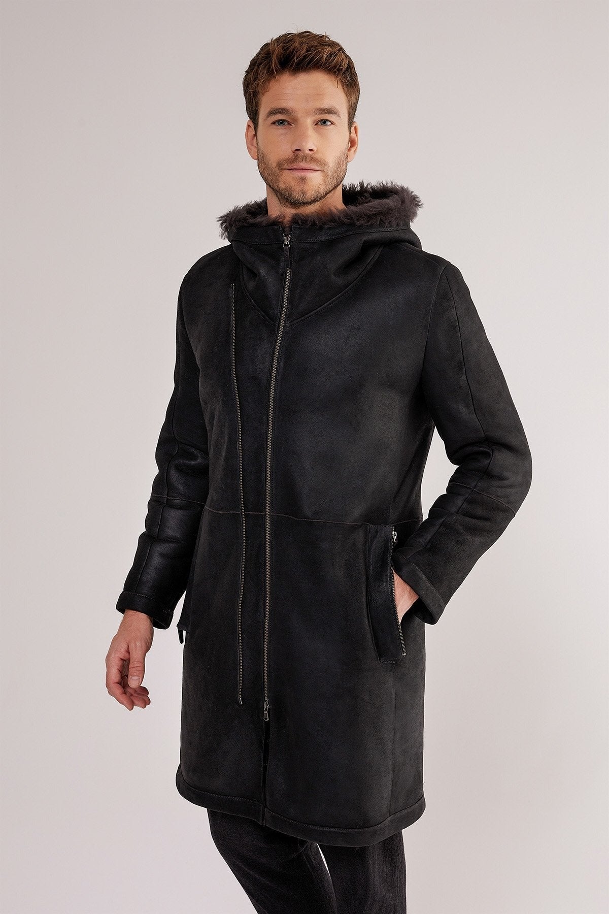 Men's Black Hooded Shearling Leather Coat