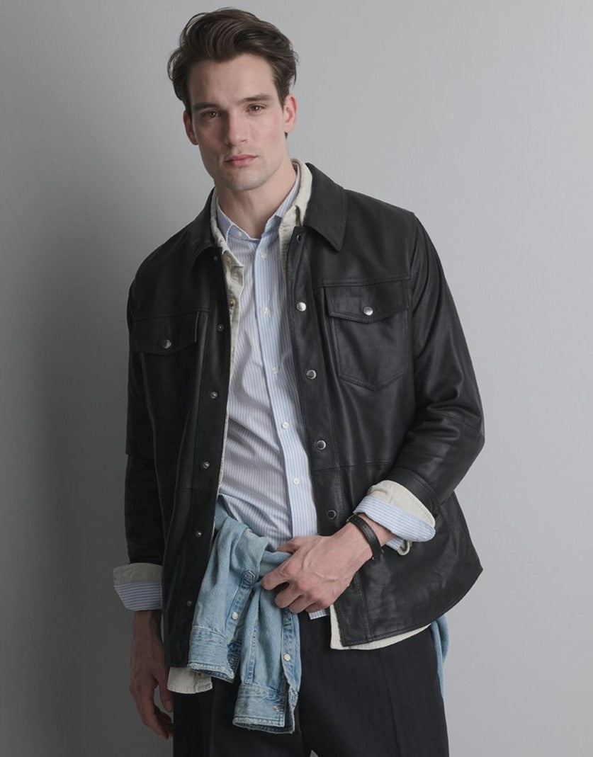 Men's Black Lambskin Leather Shirt - Arcane Fox