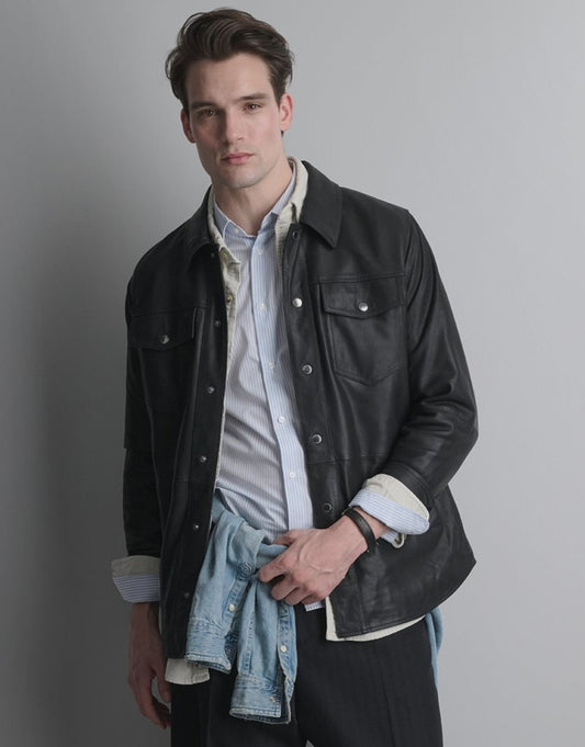 Men's Black Lambskin Leather Shirt - Arcane Fox