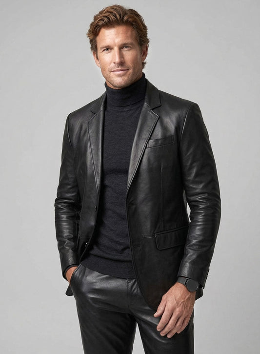 Men's Black Leather Blazer
