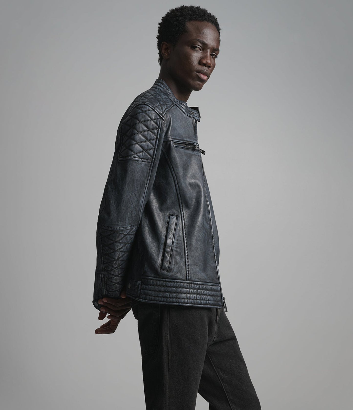 Men's Black Leather Cafe Racer Jacket