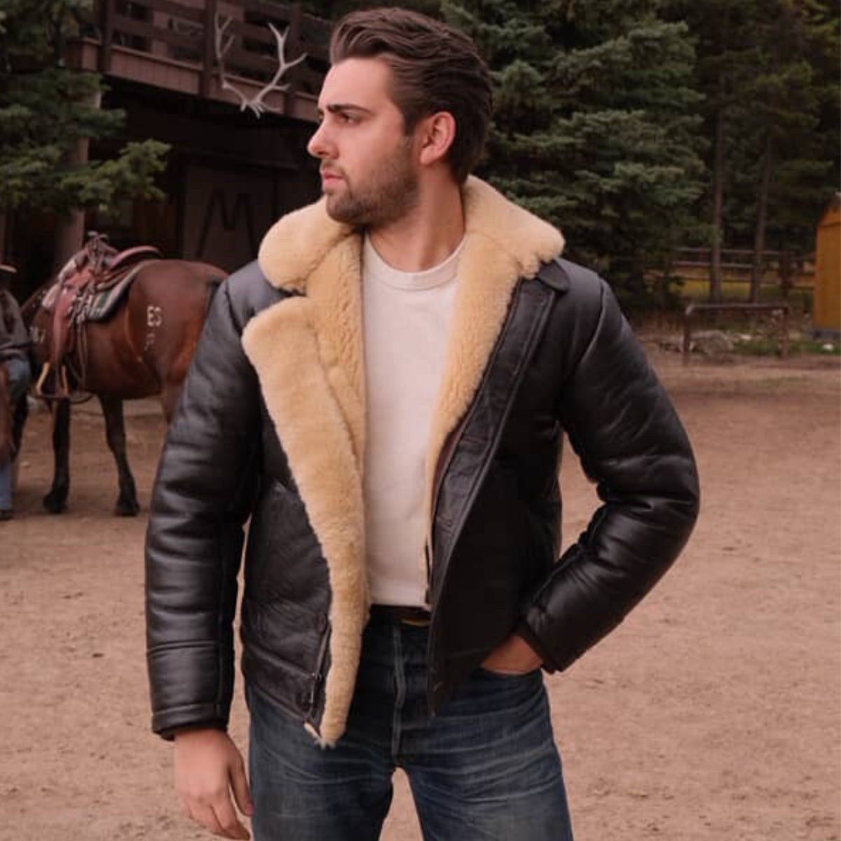 Men's Black Shearling Aviator Fur Leather Jacket