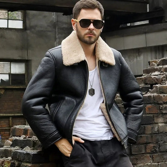 Men's Black Shearling Aviator Leather Jacket - Arcane Fox