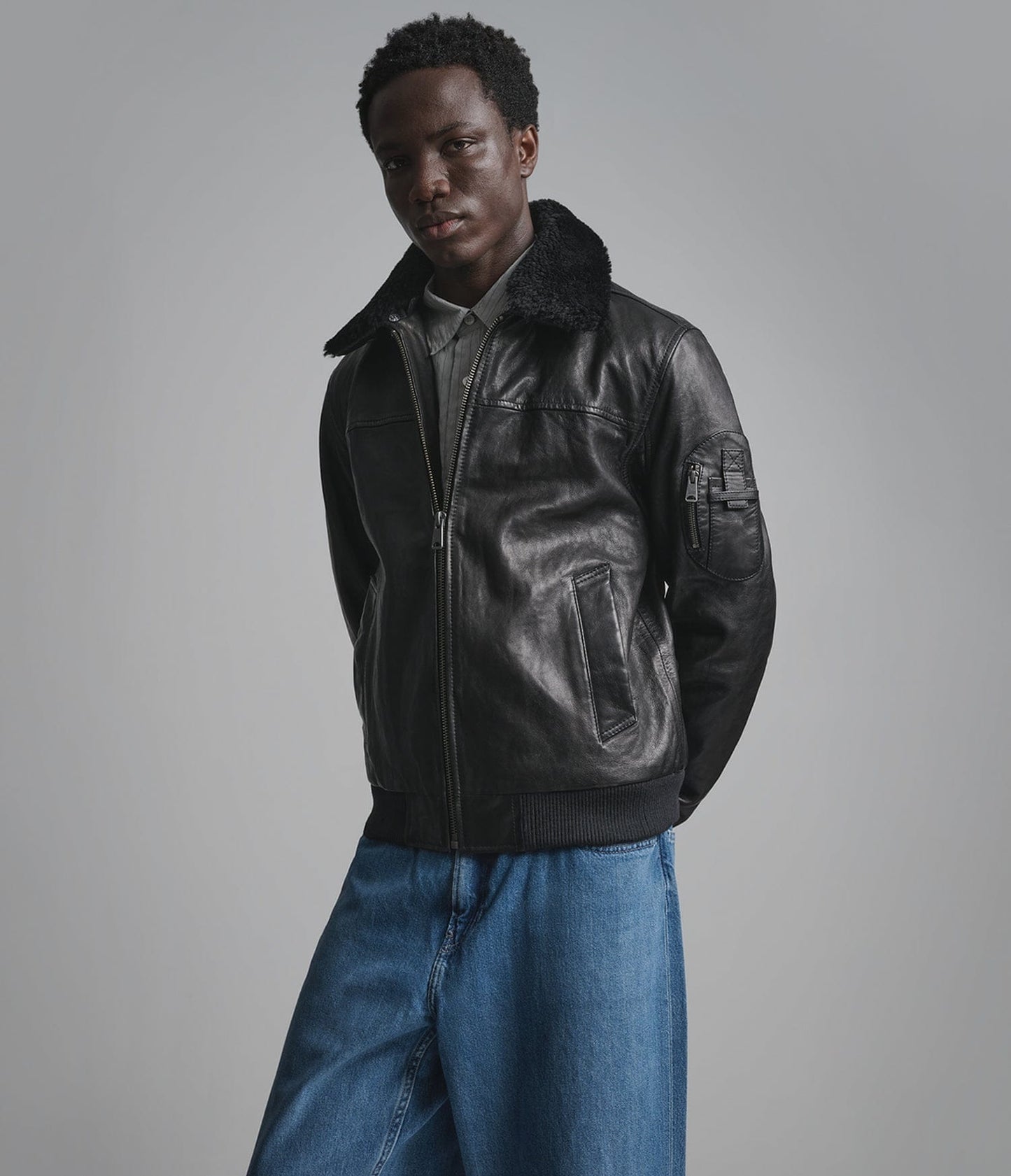 Men's Black Shearling Bomber Leather Jacket - Arcane Fox