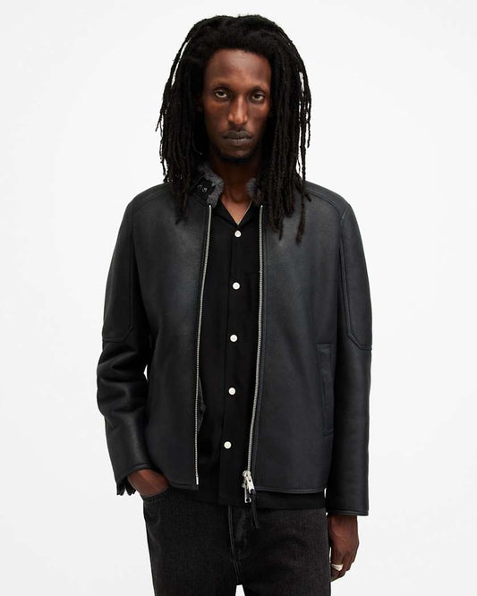 Men's Black Shearling Leather Jacket - Arcane Fox
