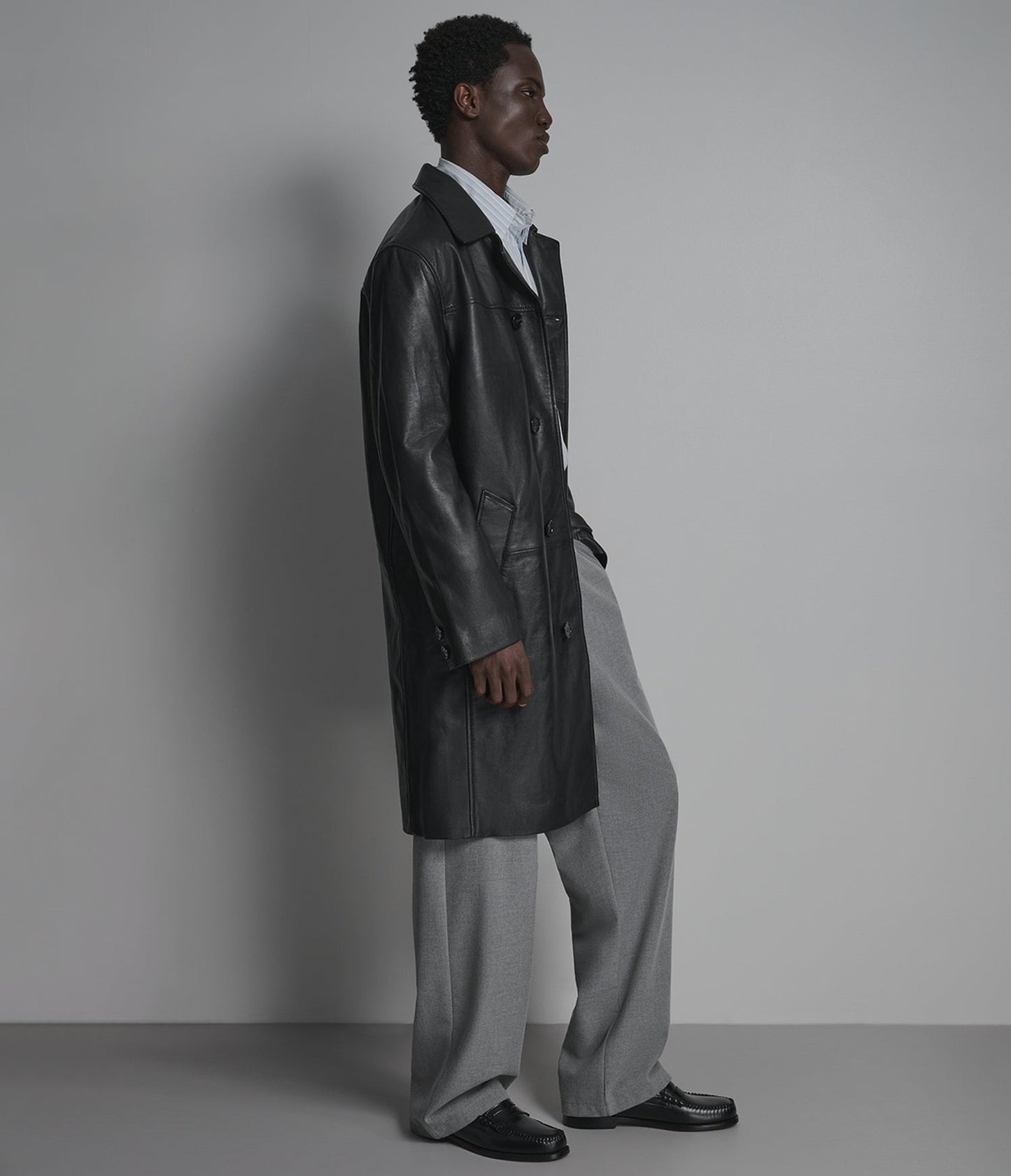 Men's Black Trench Leather Coat - Arcane Fox