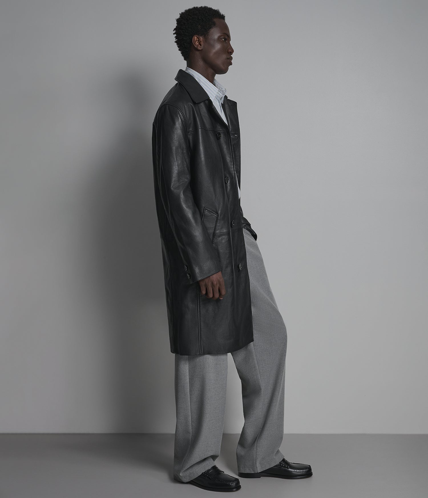 Men's Black Trench Leather Coat - Arcane Fox