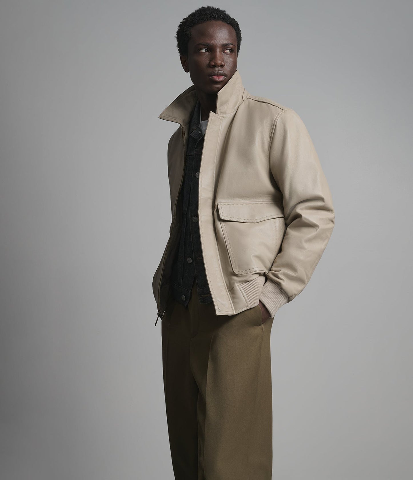 Men's Bomber Harrington Leather Jacket In Off White