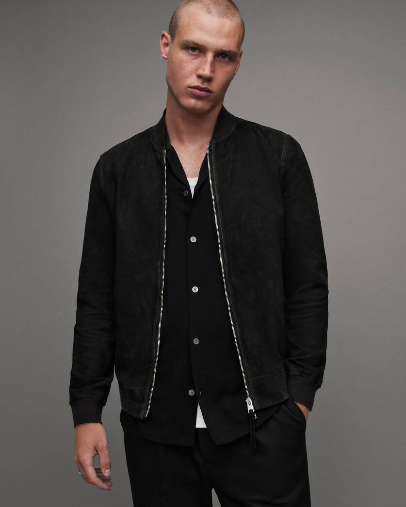 Men's Bomber Suede Leather Jacket In Black - Arcane Fox