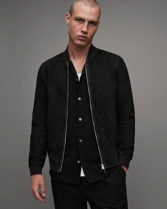 Men's Bomber Suede Leather Jacket In Black