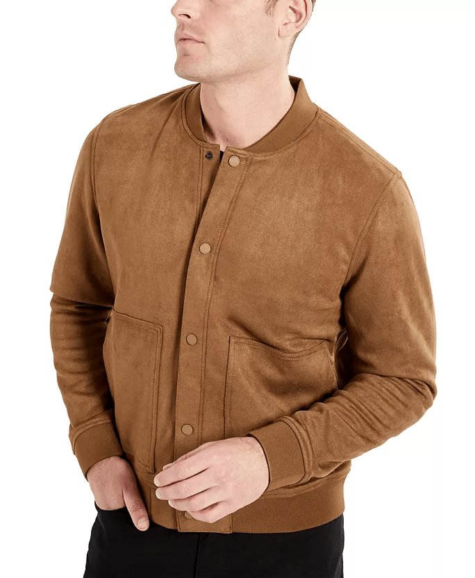 Men's Bomber Suede Leather Jacket In Tan Brown