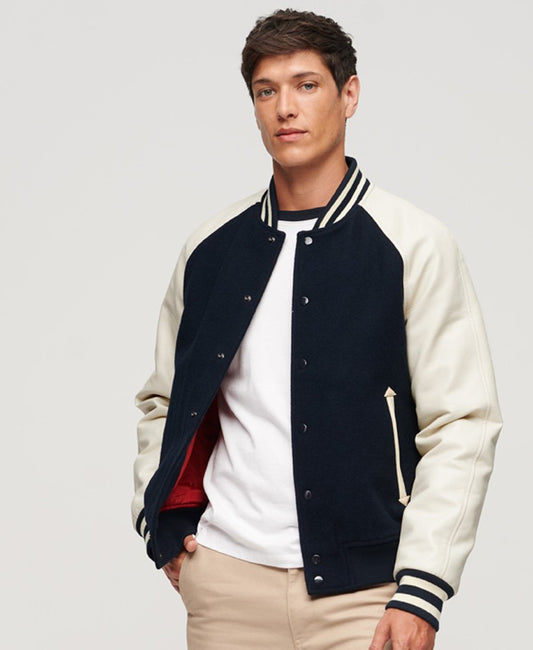 Men's Bomber Varsity Leather Jacket In Black & White Sleeves