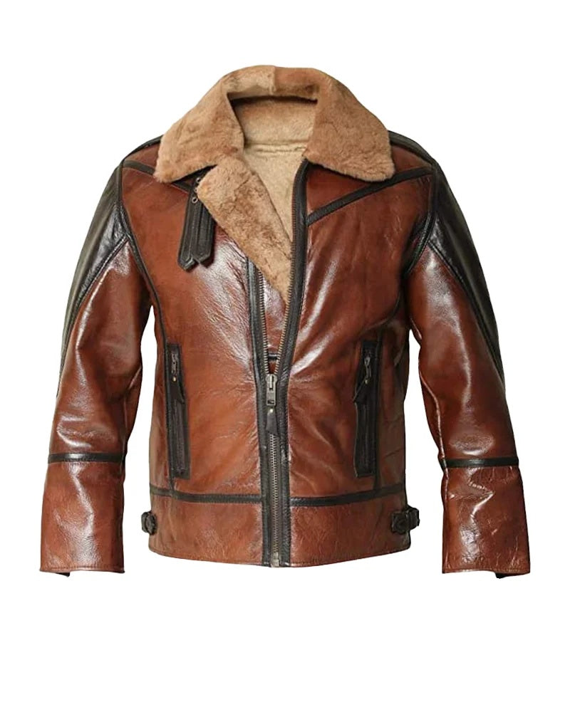 Men's Brown Aviator Fur Leather Jacket