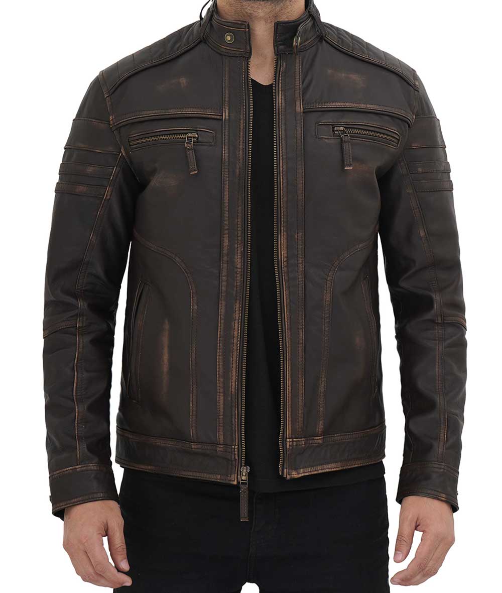 Men's Cafe Racer Distressed Leather Jacket In Coffee Brown