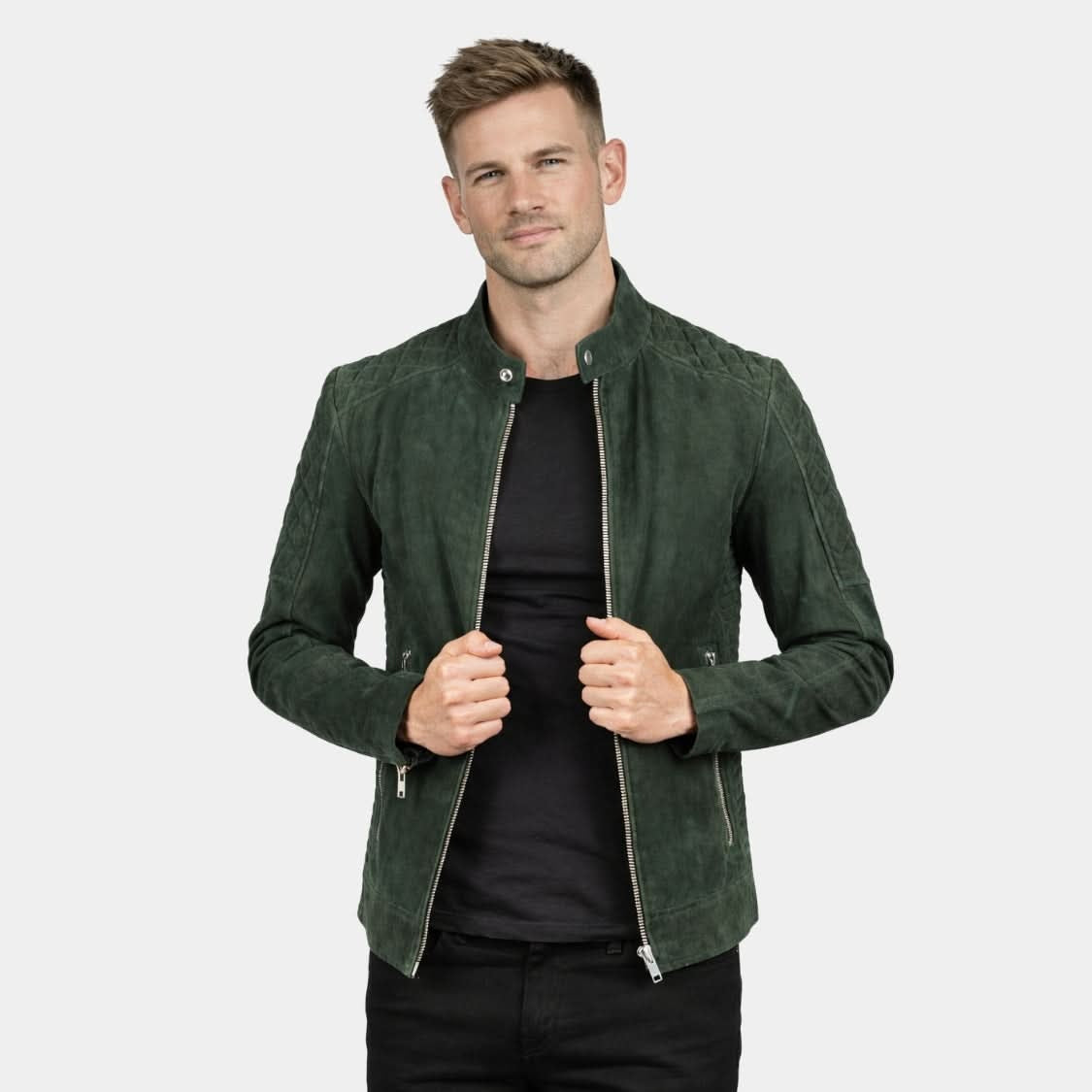 Men's Cafe Racer Suede Green Leather Jacket