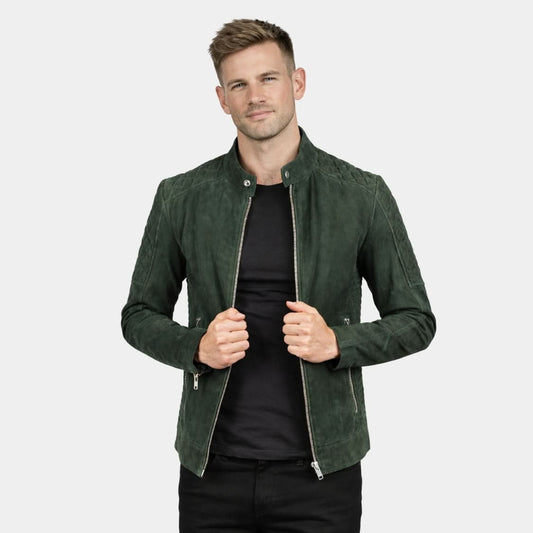 Men's Cafe Racer Suede Green Leather Jacket
