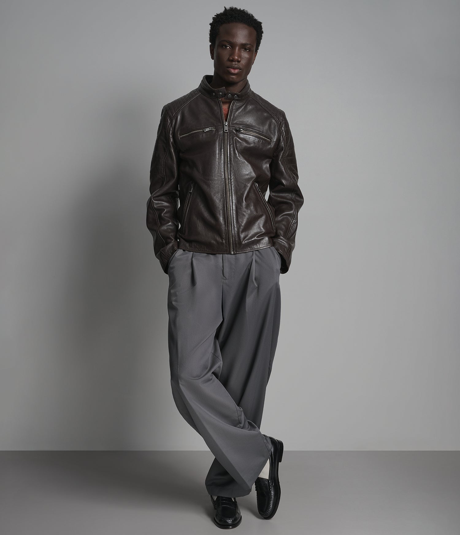 Men's Chocolate Brown Cafe Racer Leather Jacket