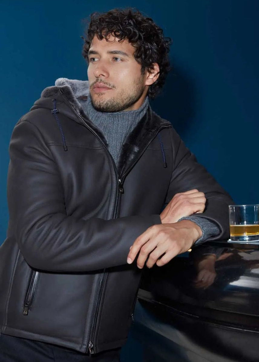 Men's Classic Black Shearling Hooded Leather Jacket