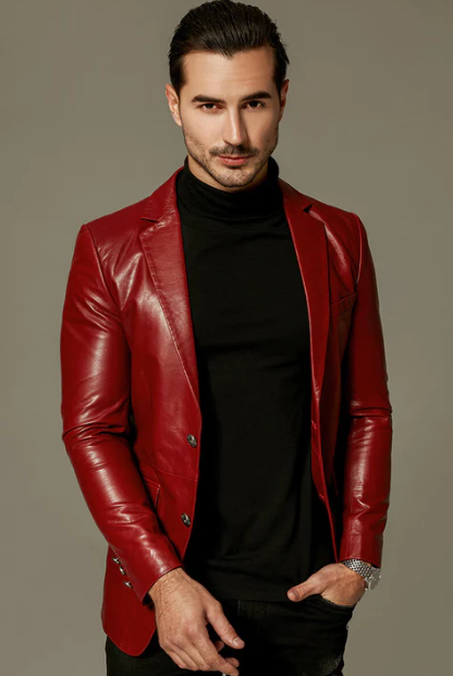 Men's Classic Leather Blazer In Red