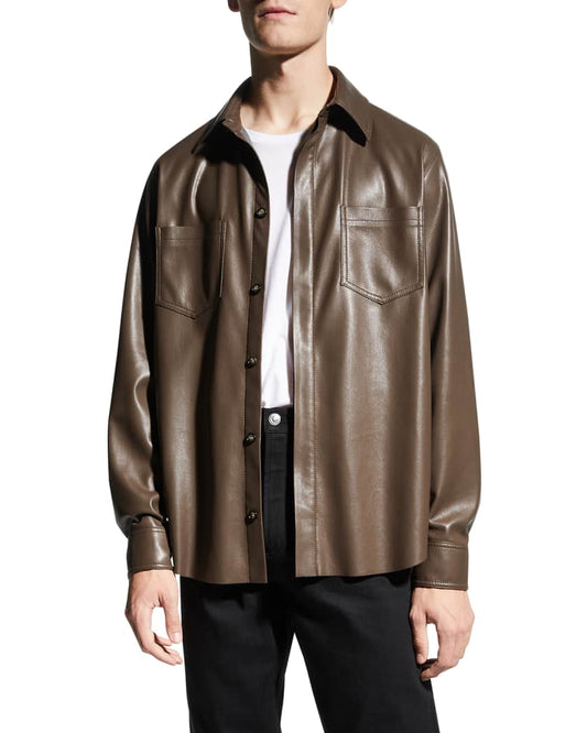 Men's Coffee Brown Leather Shirt In Full Sleeve