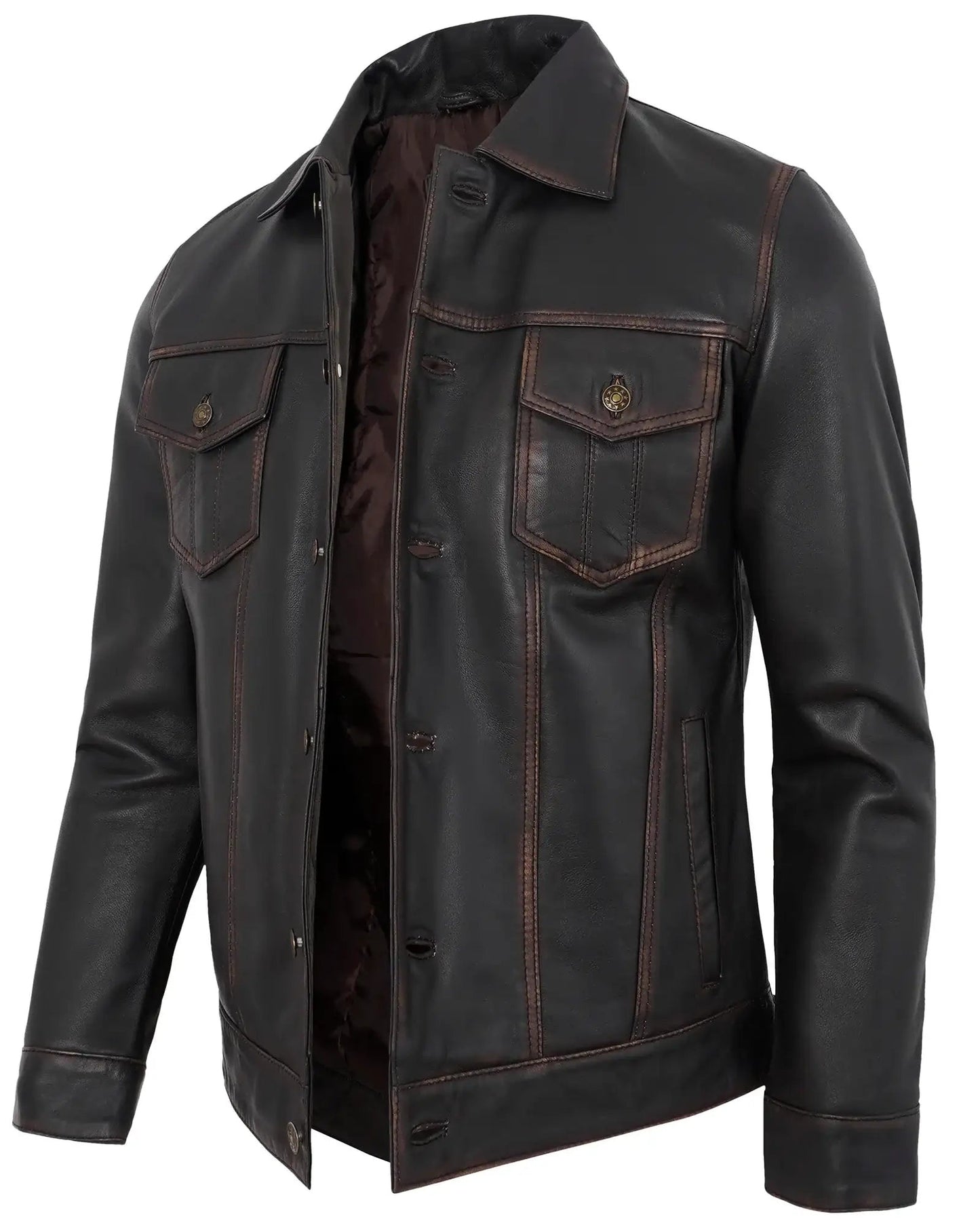Men's Coffee Brown Trucker Distressed Leather Jacket