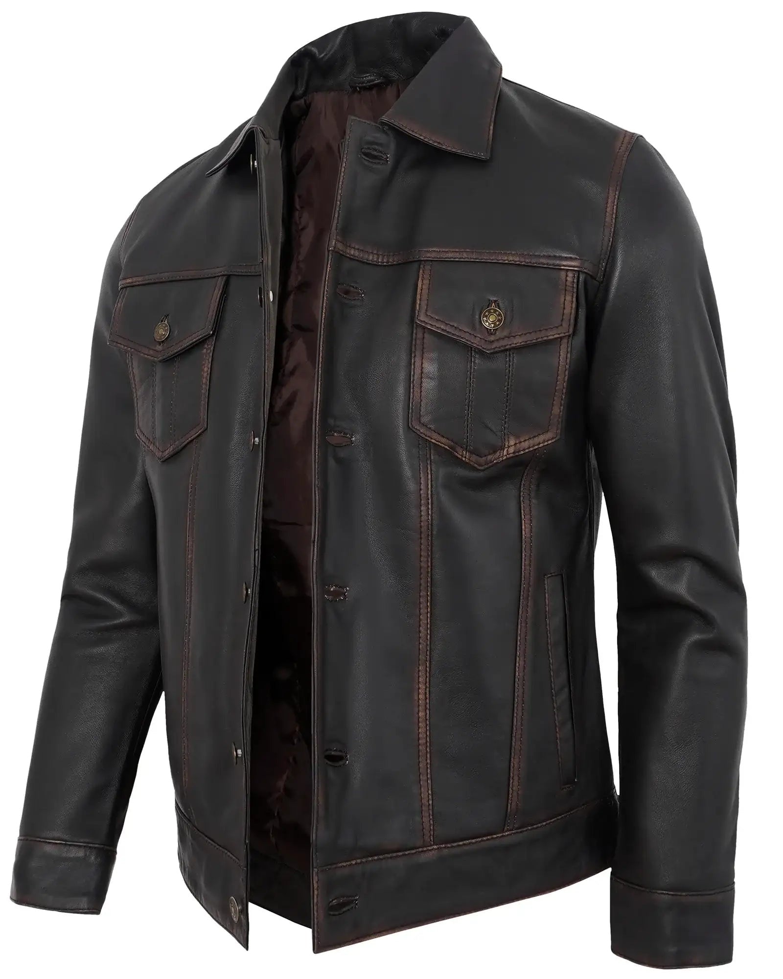 Men's Coffee Brown Trucker Distressed Leather Jacket