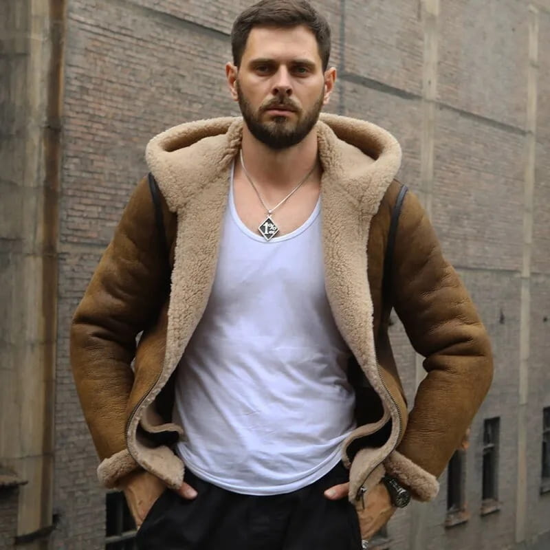 Men's Dark Brown B3 Sheepskin Distressed Leather Jacket With Hood - Arcane Fox