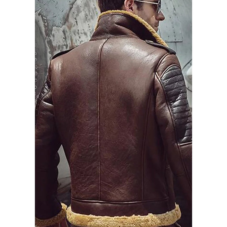 Men's Dark Brown Sheepskin Biker Fur Leather Jacket