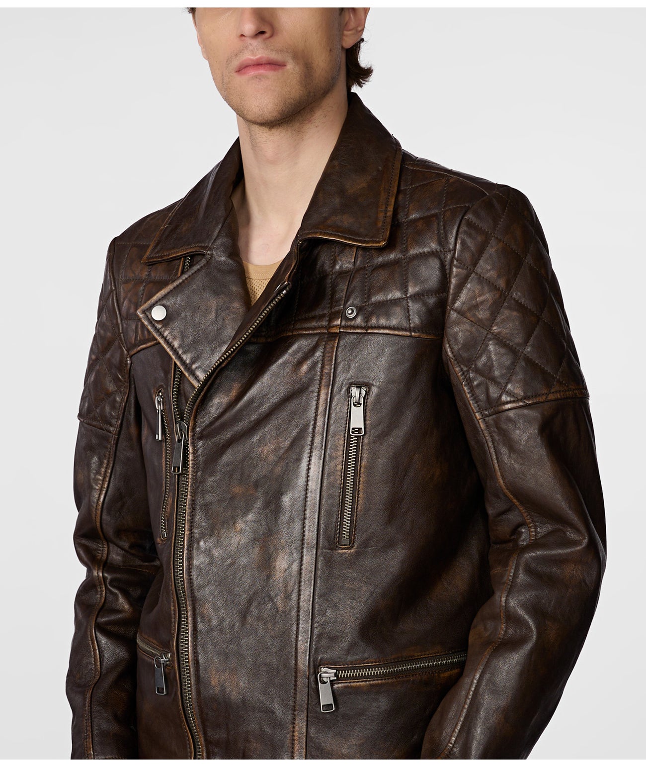 Men's Distressed Biker Leather Jacket In Dark Brown