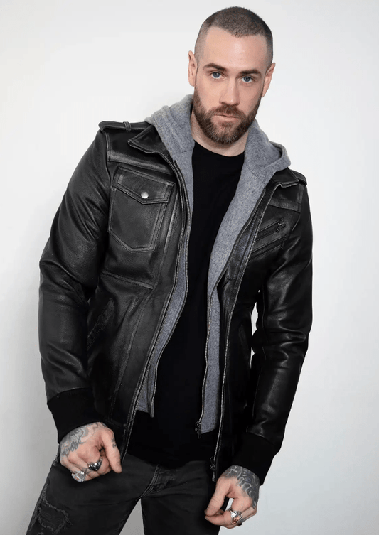 Men's Distressed Bomber Leather Jacket In Black