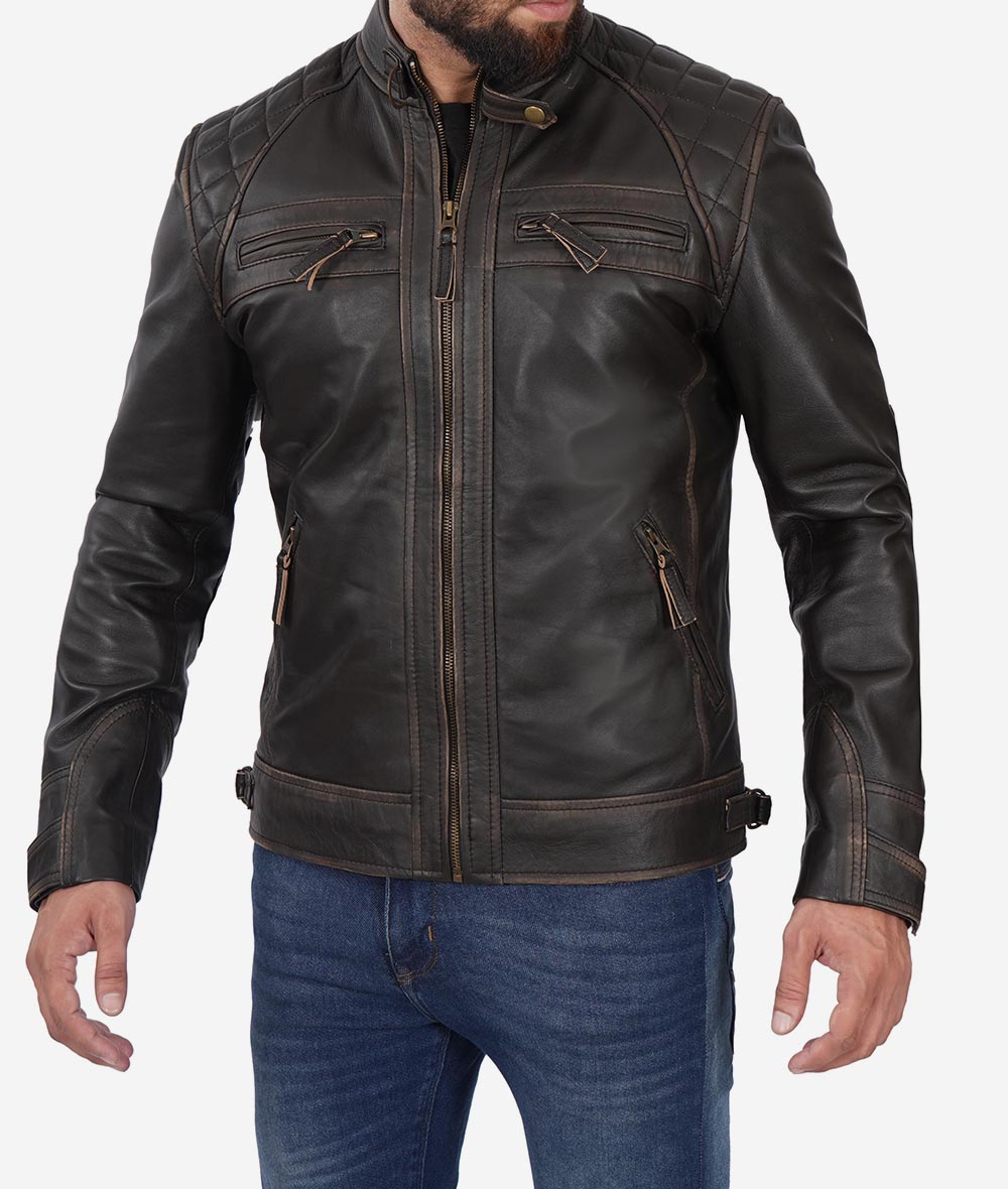 Men's Distressed Cafe Racer Leather Jacket In Black