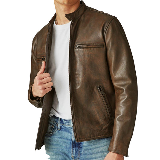 Men's Distressed Motorcycle Leather Jacket In Brown