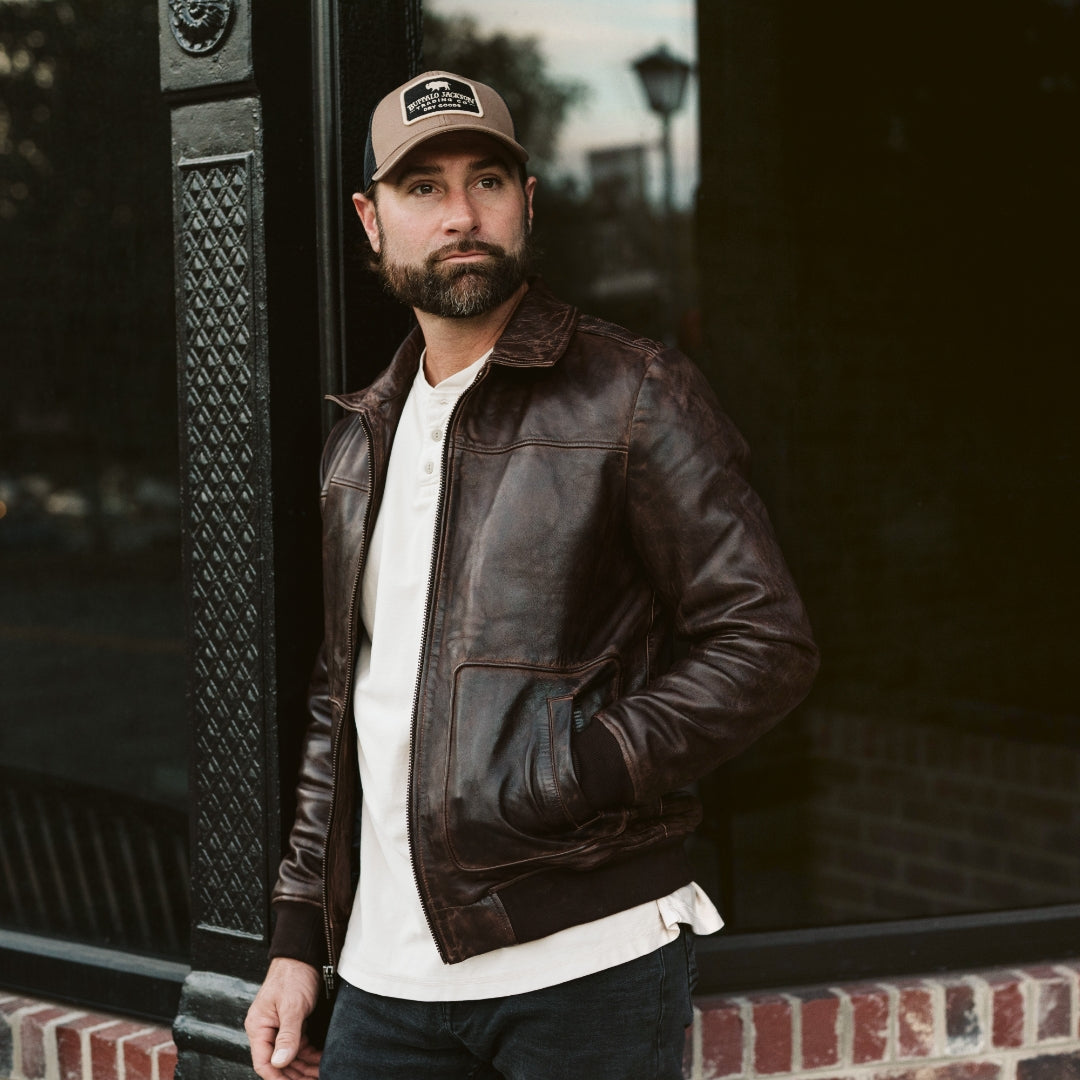 Men's Distressed Shearling Bomber Leather Jacket In Dark Brown