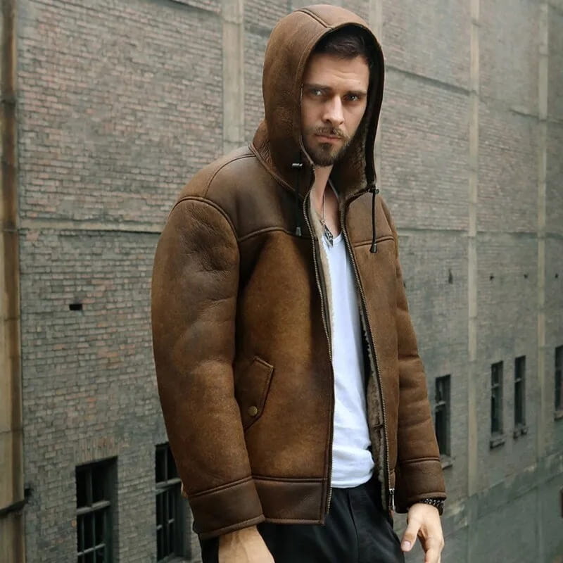 Men's Distressed Shearling Hooded Leather Jacket In Dark Brown