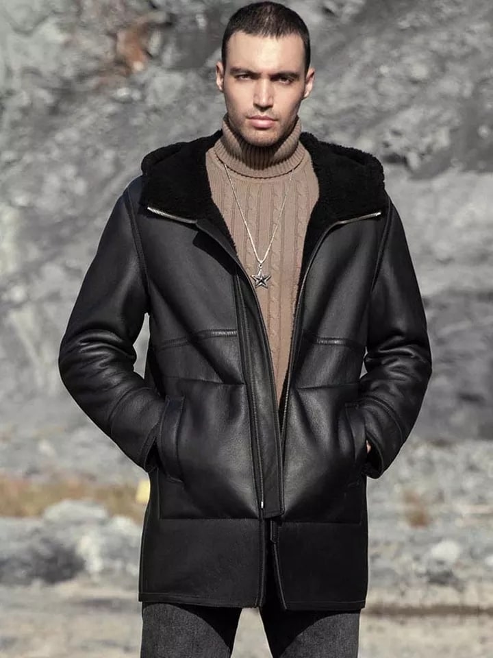 Men's Double Sided Shearling Leather Coat In Black With Hood